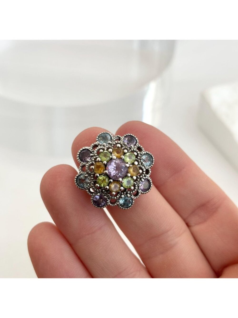 Cluster Rainbow Gemstone Blooming Flower Sterling Silver 925 Vintage Ring - sz 6 - Picture 9 of 16